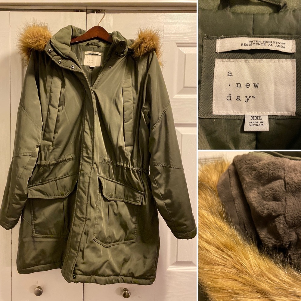 Olive Green Anorak Jacket with Faux Fur Hood